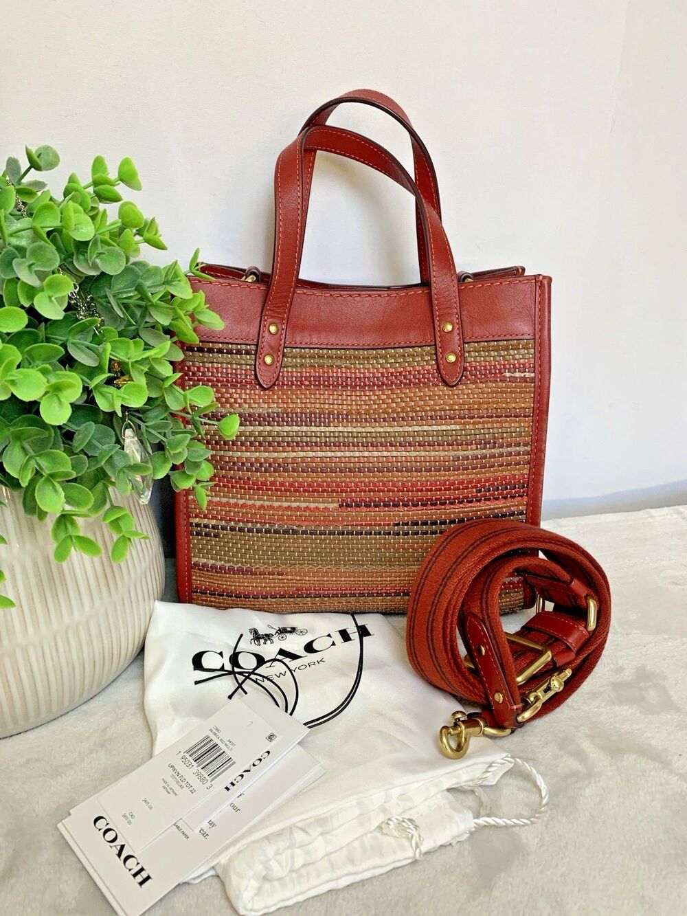 Coach Field Tote 22 Bag C3860 Upwoven Leather Satchel Crossbody Brick Red